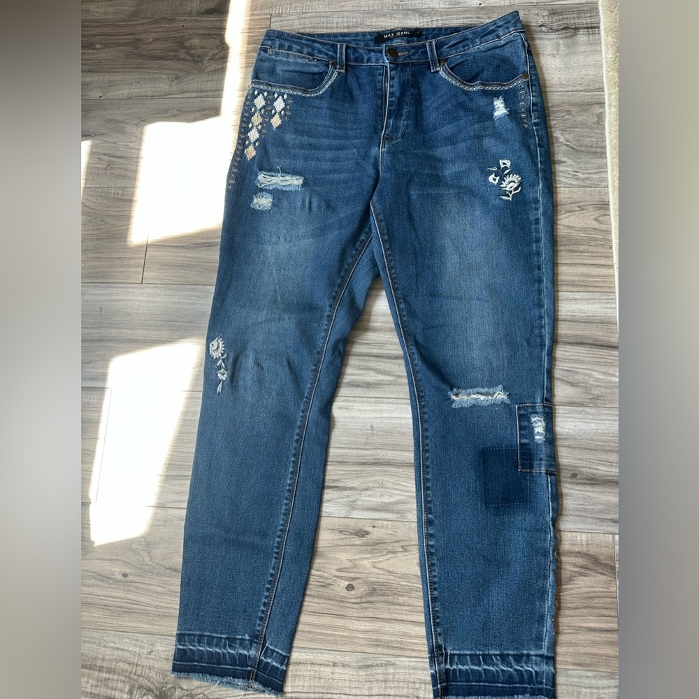 Max Jeans High Rise Skimmer Embroidered Flowers Distressed Blue Women's Size 10